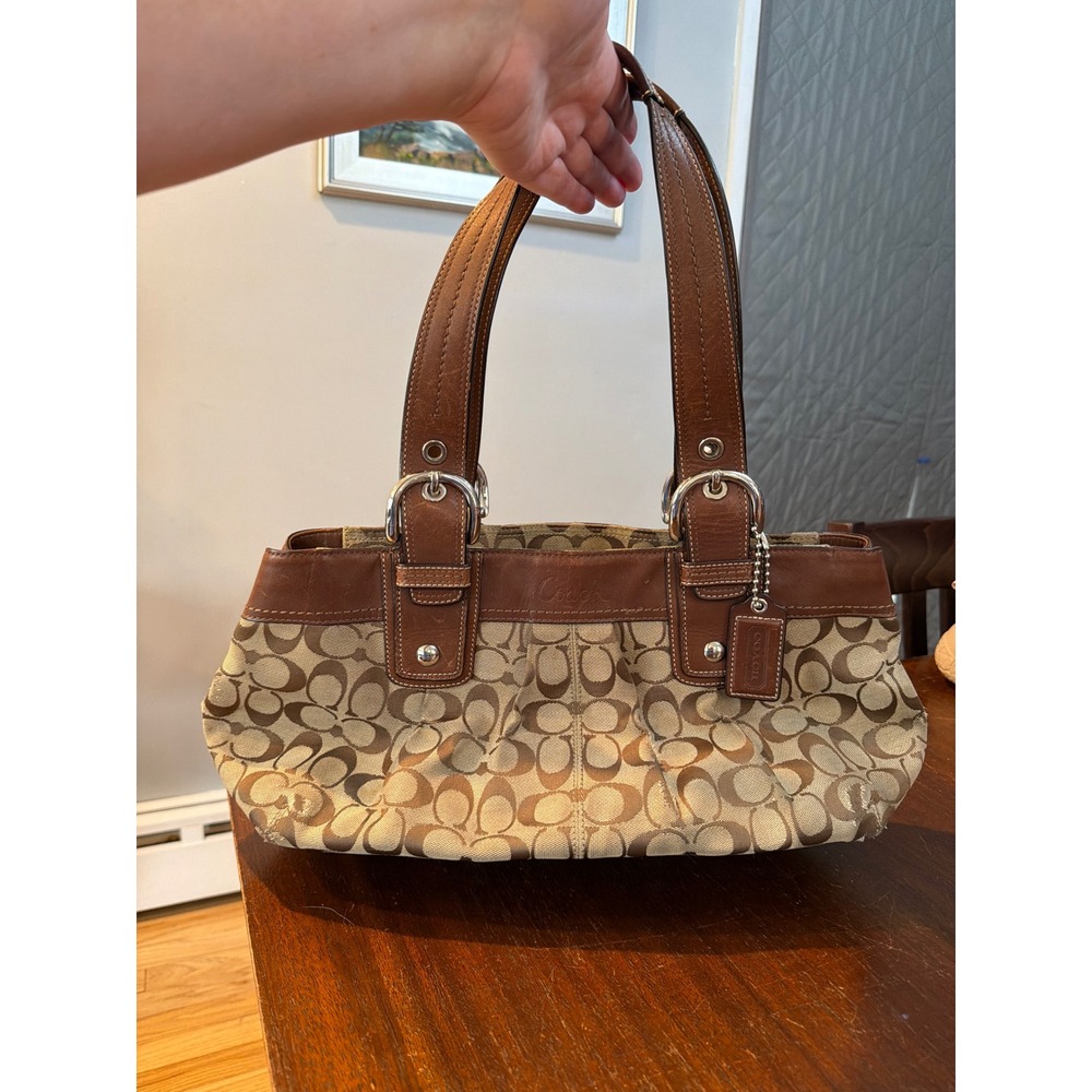 Coach Soho Signature Khaki Brown Leather Buckle Satchel Handbag F13742